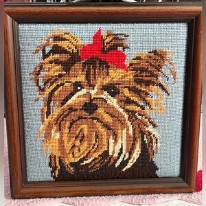 Framed Yorkshire TerrierNeedlepoint with Red Bow